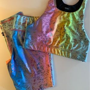 Terez cropped high waist leggings metallic foil rainbow haze mermaid size xs ✨🌈